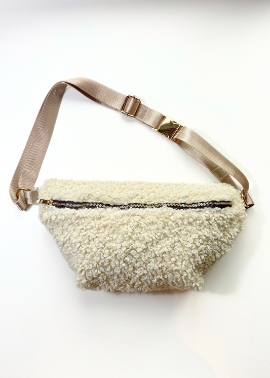 Cream Teddy Bouclé bumbag for dog walking – luxury handmade crossbody bag